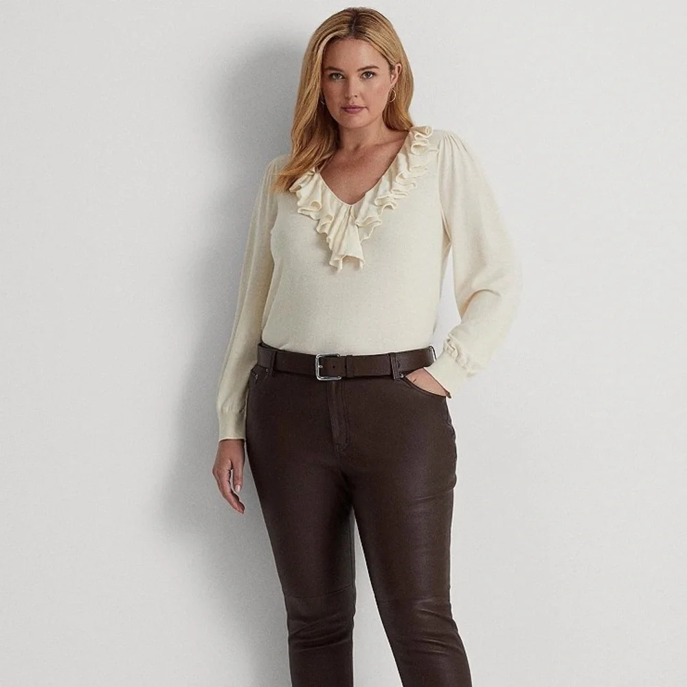 LAUREN Ralph Lauren Cream/White Ruffle Trim V-Neck Long Sleeve Shirt Siz… - Picture 2 of 7